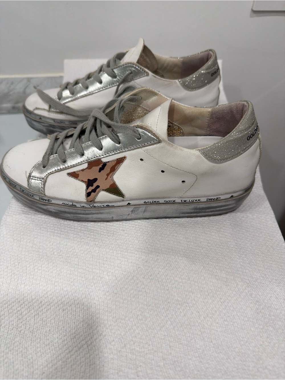 Golden Goose White Leather Sneakers with Silver Trim and Camouflage Star
